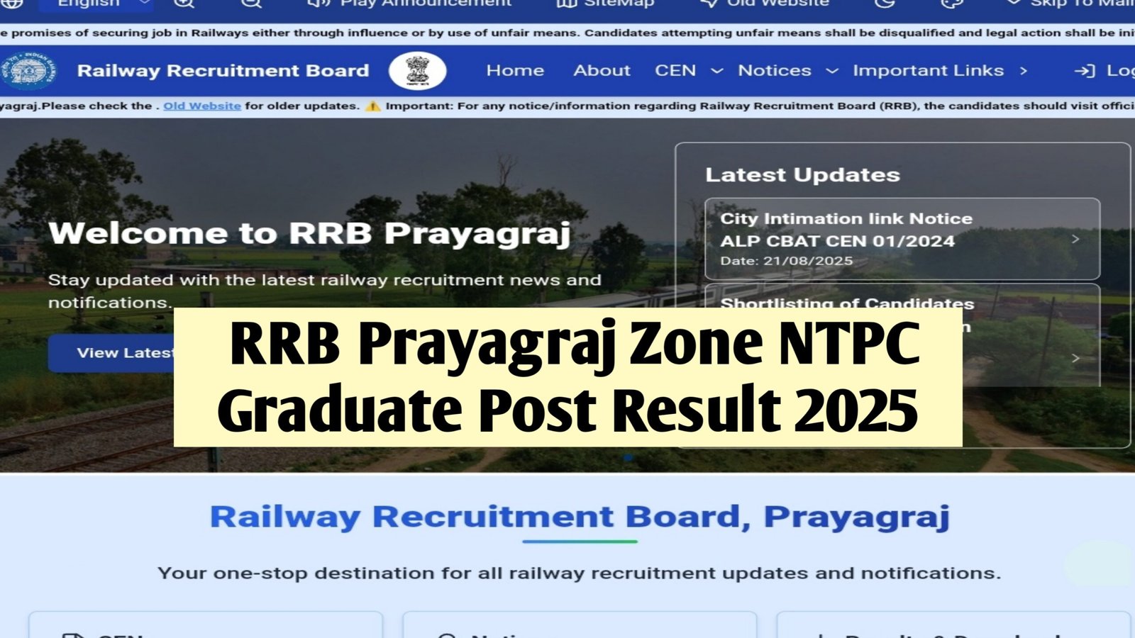 RRB Prayagraj Zone NTPC Graduate Post Result 2025 - Scorecard Download