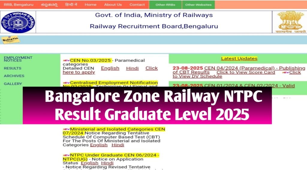 Bangalore Zone Railway NTPC Result Graduate Level 2025 - Merit List PDF